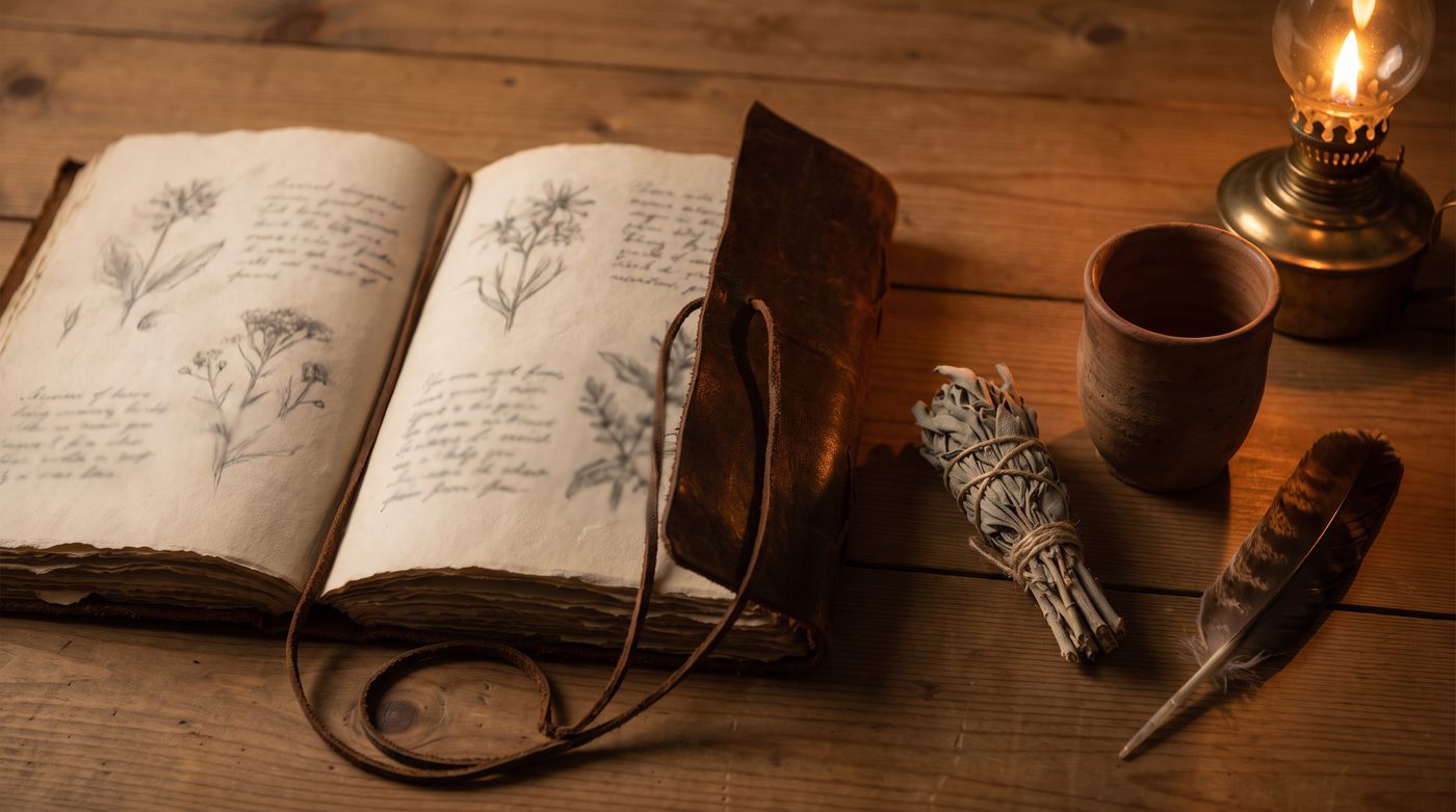 An old hand-bound journal open beside dried sage, a clay cup and an oil lamp